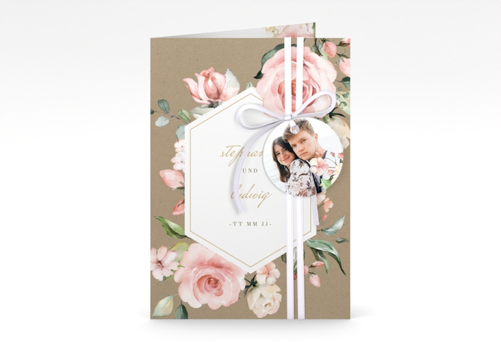 Einladungskarte Hochzeit Graceful A6 Klappkarte hoch Kraftpapier hochglanz mit Rosenblüten in Rosa und Weiß