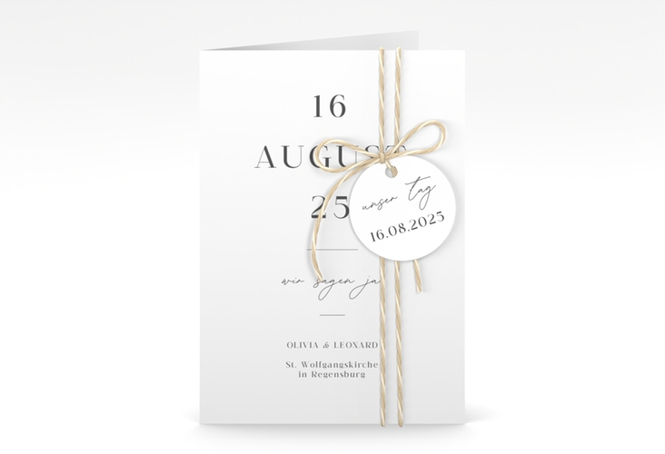 Einladungskarte Hochzeit Authentisch A6 Klappkarte hoch weiss in schlichtem Design mit großem Hochzeitsdatum