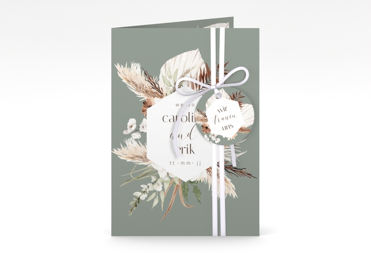 Einladungskarte Hochzeit Bohemian A6 Klappkarte hoch gruen mit Gräsern und Trockenblumen für Boho-Hochzeit