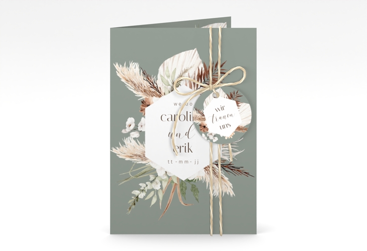 Einladungskarte Hochzeit Bohemian A6 Klappkarte hoch gruen mit Gräsern und Trockenblumen für Boho-Hochzeit