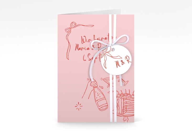 Einladungskarte Hochzeit Doodle A6 Klappkarte hoch rosa