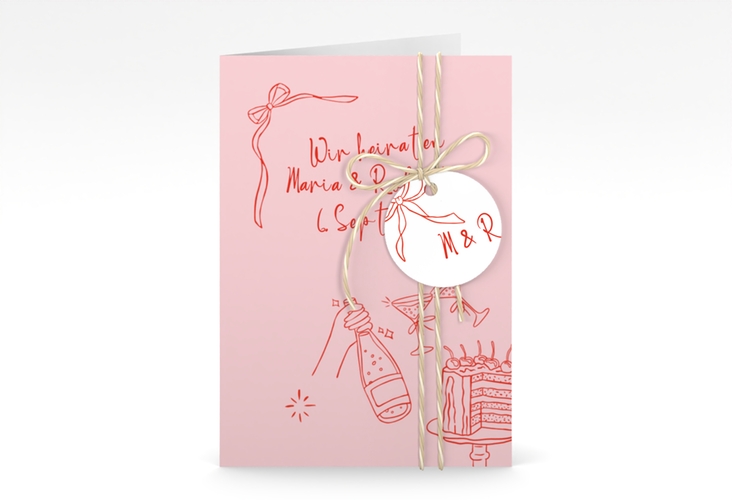 Einladungskarte Hochzeit Doodle A6 Klappkarte hoch rosa