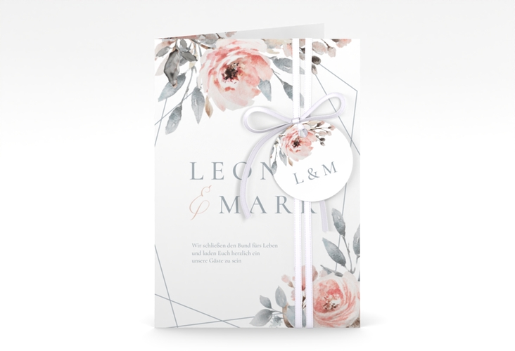 Einladungskarte Hochzeit Perfection A6 Klappkarte hoch weiss hochglanz mit rosa Rosen