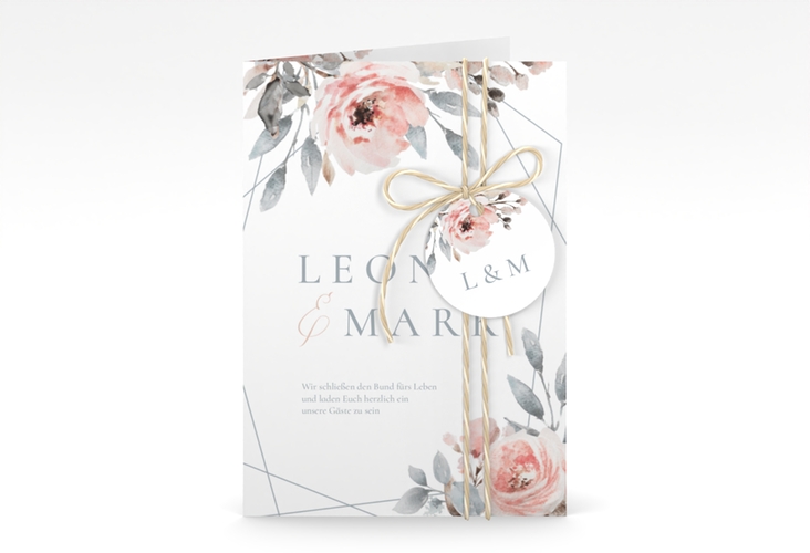 Einladungskarte Hochzeit Perfection A6 Klappkarte hoch weiss hochglanz mit rosa Rosen