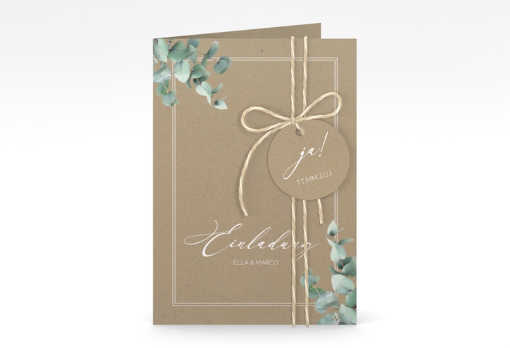 Einladungskarte Hochzeit Eucalypt A6 Klappkarte hoch Kraftpapier mit Eukalyptus und edlem Rahmen