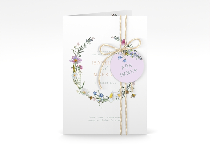 Einladungskarte Hochzeit Blumengarten A6 Klappkarte hoch weiss mit Blumenkranz und Hummel