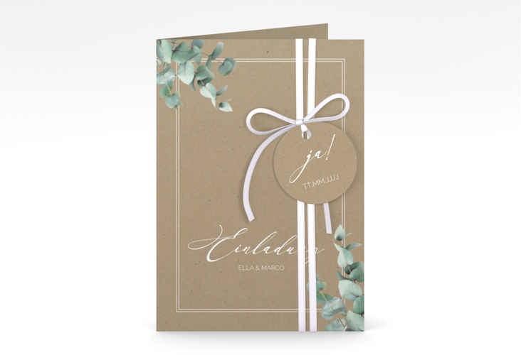Einladungskarte Hochzeit Eucalypt A6 Klappkarte hoch Kraftpapier mit Eukalyptus und edlem Rahmen