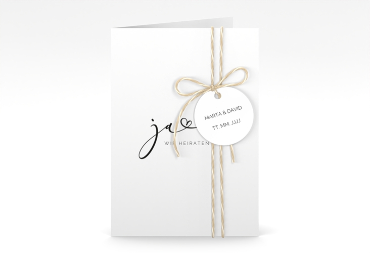 Hochzeitseinladung Jawort A6 Klappkarte hoch weiss hochglanz modern minimalistisch mit veredelter Aufschrift