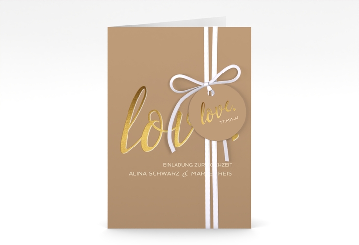 Einladungskarte Hochzeit Glam A6 Klappkarte hoch beige hochglanz