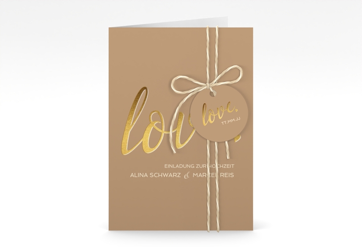 Einladungskarte Hochzeit Glam A6 Klappkarte hoch beige hochglanz
