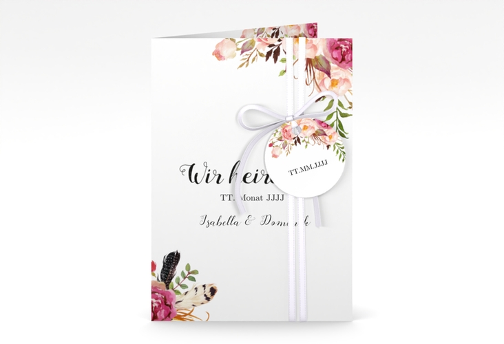 Einladungskarte Hochzeit Flowers A6 Klappkarte hoch weiss mit bunten Aquarell-Blumen