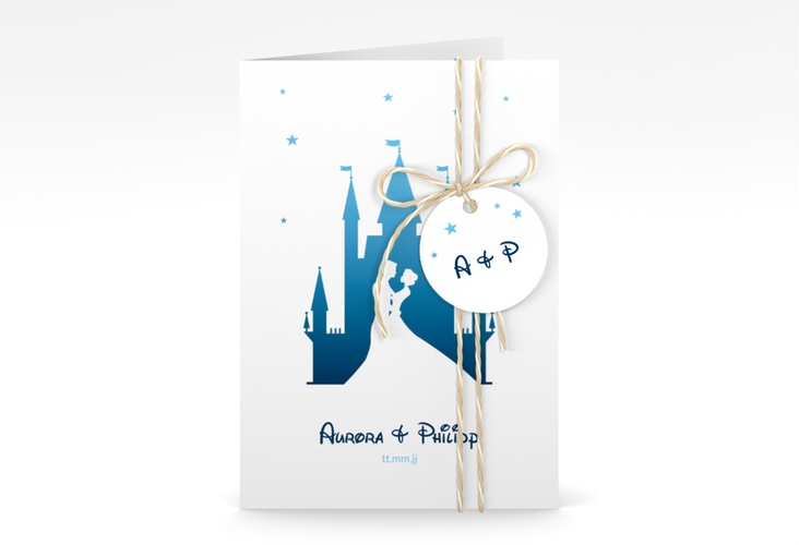Einladungskarte Hochzeit Castle A6 Klappkarte hoch blau