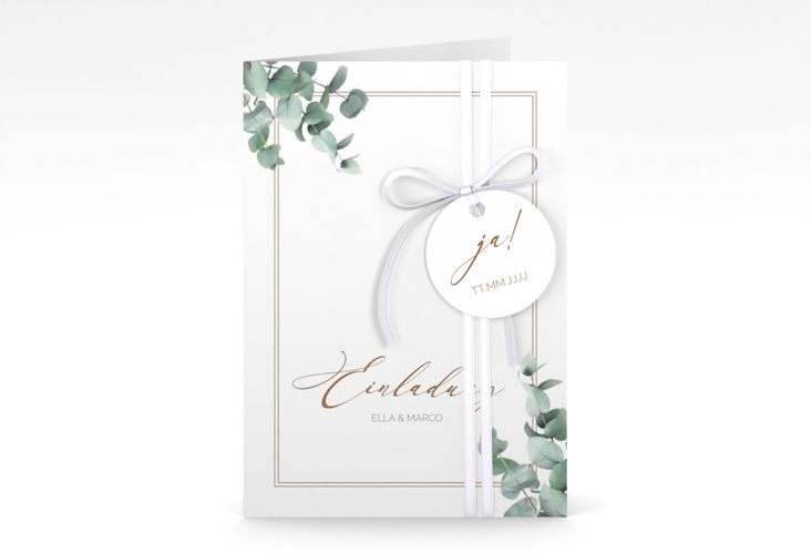 Einladungskarte Hochzeit Eucalypt A6 Klappkarte hoch weiss mit Eukalyptus und edlem Rahmen