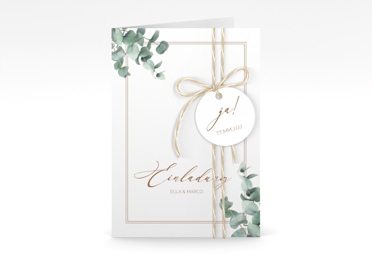 Einladungskarte Hochzeit Eucalypt A6 Klappkarte hoch weiss mit Eukalyptus und edlem Rahmen