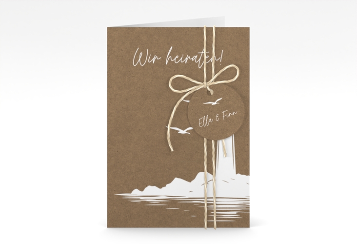 Einladungskarte Hochzeit Leuchtturm A6 Klappkarte hoch Kraftpapier