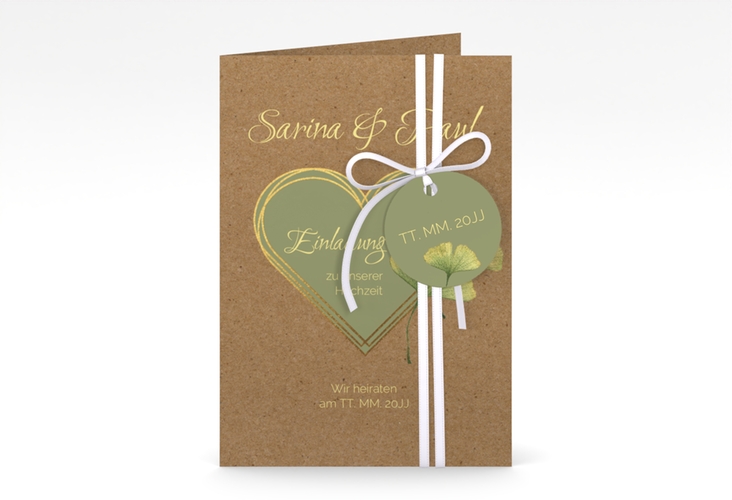 Einladungskarte Hochzeit Ginko A6 Klappkarte hoch mit Herz und zwei Ginkgo-Blättern