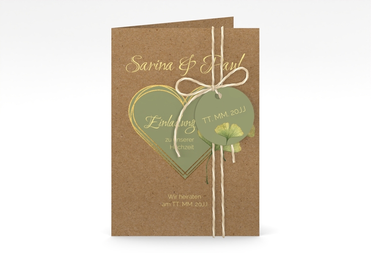 Einladungskarte Hochzeit Ginko A6 Klappkarte hoch mit Herz und zwei Ginkgo-Blättern