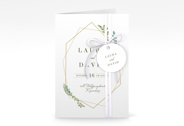 Einladungskarte Hochzeit Herbarium A6 Klappkarte hoch gold hochglanz mit geometrischem Rahmen und Blätter-Dekor