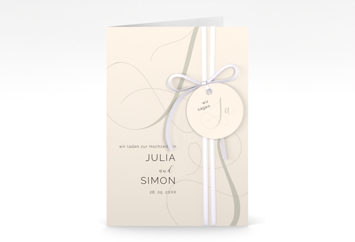 Hochzeitseinladung Eheschließung A6 Klappkarte hoch beige hochglanz mit Gräsern und Trockenblumen für Boho-Hochzeit