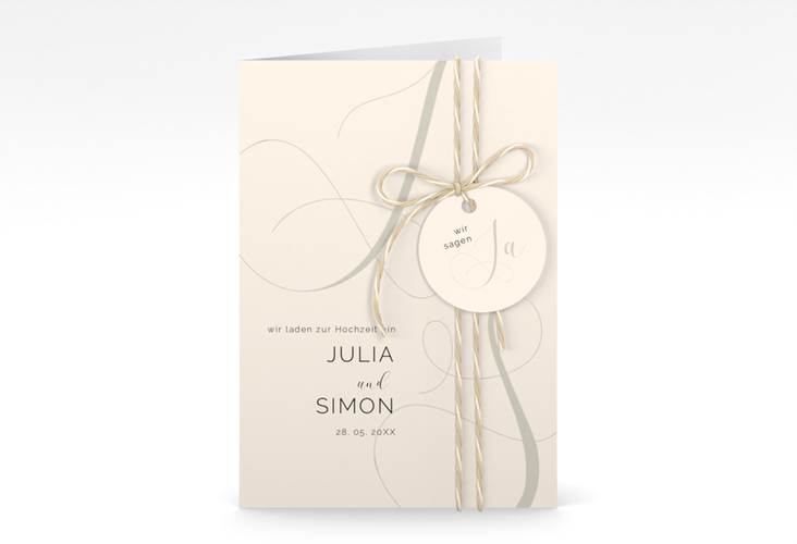 Hochzeitseinladung Eheschließung A6 Klappkarte hoch beige hochglanz mit Gräsern und Trockenblumen für Boho-Hochzeit