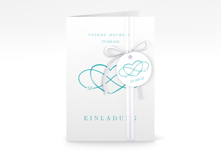 Einladungskarte Hochzeit Infinity A6 Klappkarte hoch tuerkis hochglanz