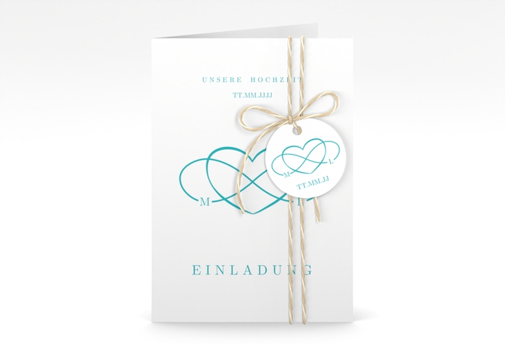 Einladungskarte Hochzeit Infinity A6 Klappkarte hoch tuerkis hochglanz