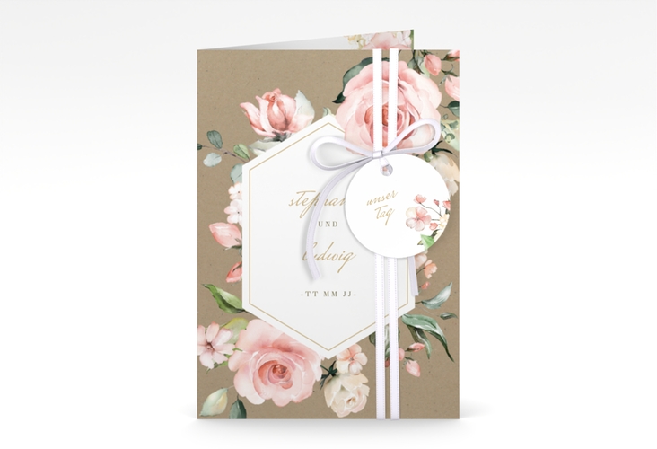 Einladungskarte Hochzeit Graceful A6 Klappkarte hoch mit Rosenblüten in Rosa und Weiß