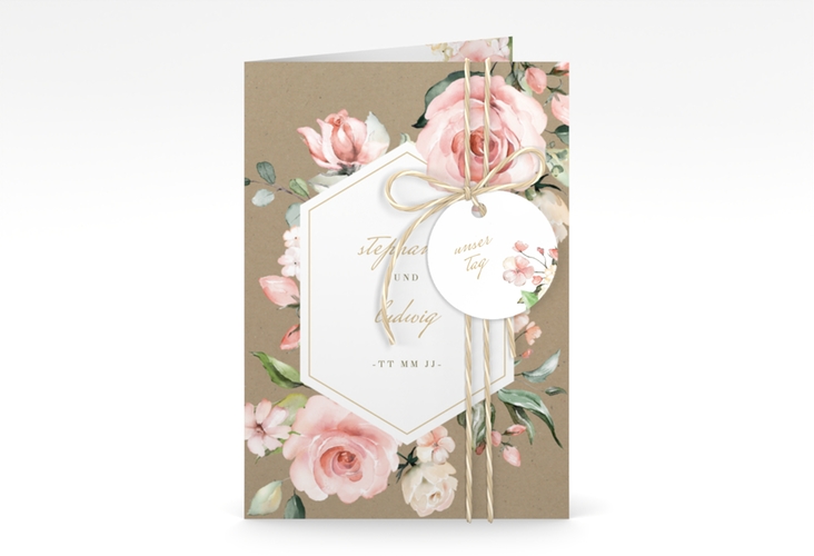 Einladungskarte Hochzeit Graceful A6 Klappkarte hoch mit Rosenblüten in Rosa und Weiß