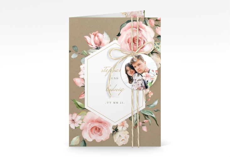 Einladungskarte Hochzeit Graceful A6 Klappkarte hoch Kraftpapier hochglanz mit Rosenblüten in Rosa und Weiß