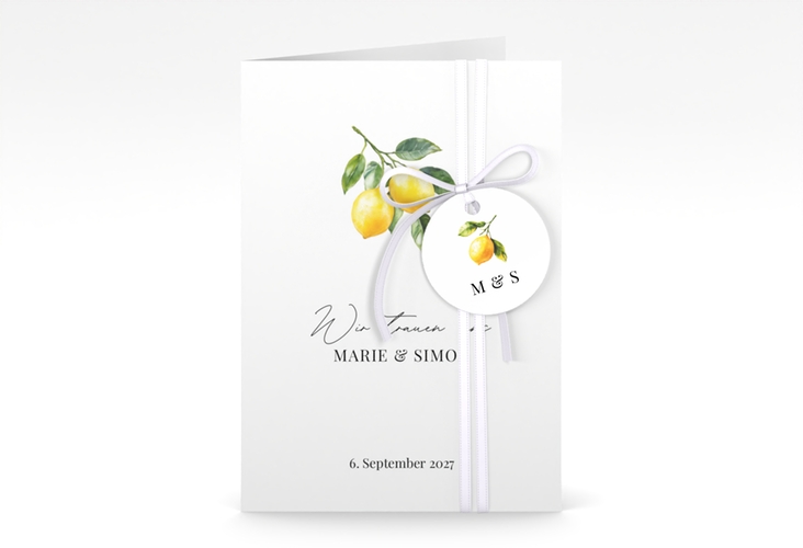 Einladungskarte Hochzeit Zitronen A6 Klappkarte hoch weiss für mediterrane Zitrushochzeit