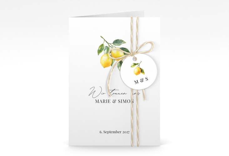 Einladungskarte Hochzeit Zitronen A6 Klappkarte hoch weiss für mediterrane Zitrushochzeit