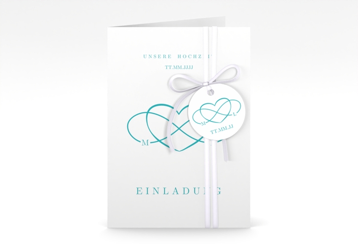 Einladungskarte Hochzeit Infinity A6 Klappkarte hoch tuerkis