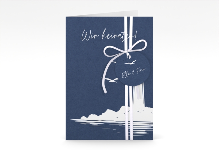 Einladungskarte Hochzeit Leuchtturm A6 Klappkarte hoch blau