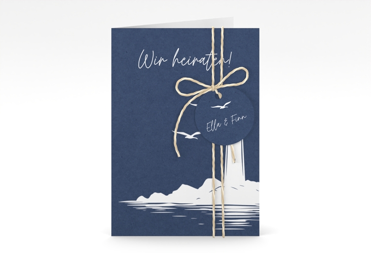 Einladungskarte Hochzeit Leuchtturm A6 Klappkarte hoch blau