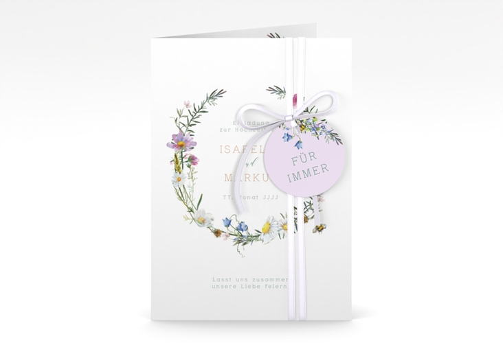 Einladungskarte Hochzeit Blumengarten A6 Klappkarte hoch bunt hochglanz mit Blumenkranz und Hummel