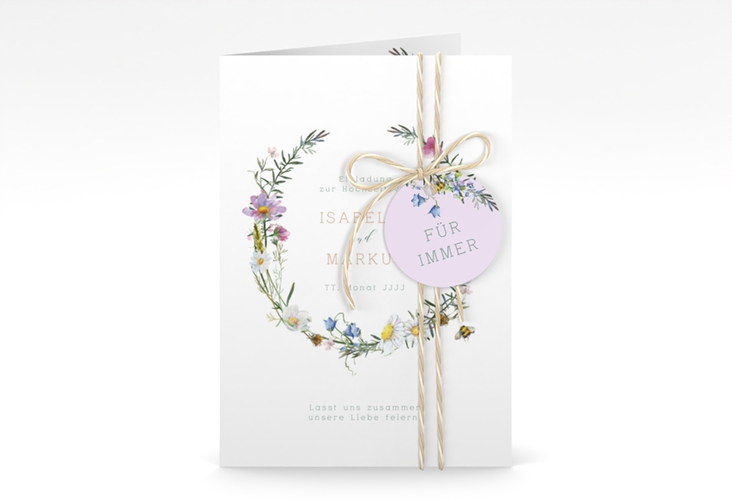 Einladungskarte Hochzeit Blumengarten A6 Klappkarte hoch bunt hochglanz mit Blumenkranz und Hummel
