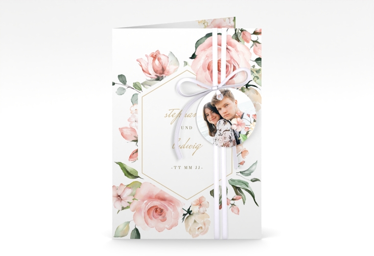 Einladungskarte Hochzeit Graceful A6 Klappkarte hoch weiss hochglanz mit Rosenblüten in Rosa und Weiß