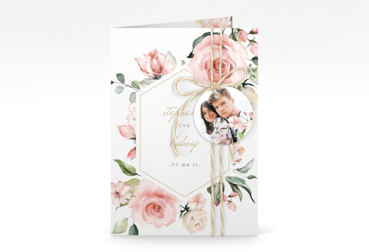 Einladungskarte Hochzeit Graceful A6 Klappkarte hoch weiss hochglanz mit Rosenblüten in Rosa und Weiß