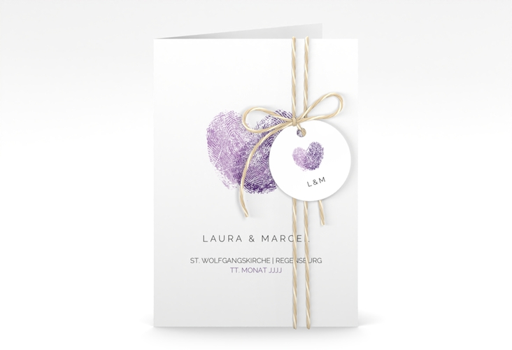 Einladungskarte Hochzeit Fingerprint A6 Klappkarte hoch lila schlicht mit Fingerabdruck-Motiv