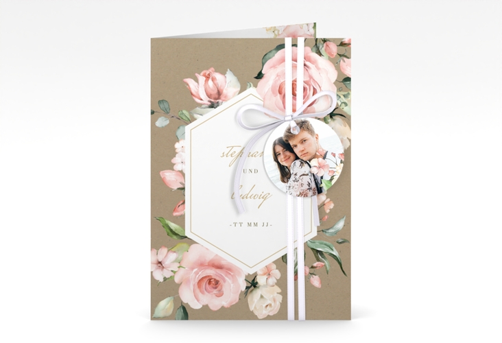 Einladungskarte Hochzeit Graceful A6 Klappkarte hoch mit Rosenblüten in Rosa und Weiß