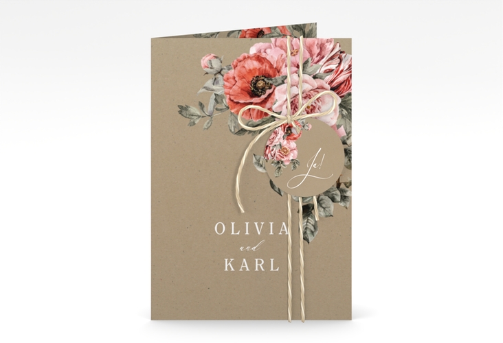 Einladungskarte Hochzeit Grazioso A6 Klappkarte hoch Kraftpapier modern mit Mohnblumen und Rosen