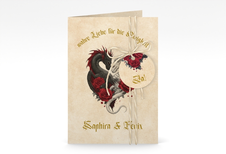 Einladungskarte Hochzeit Drachenliebe A6 Klappkarte hoch mit schwarzem und weißem Drachen zu einem Herz verschlungen