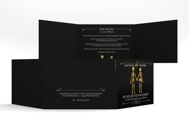 Hochzeitseinladung Bones A6 Doppel-Klappkarte schwarz gold
