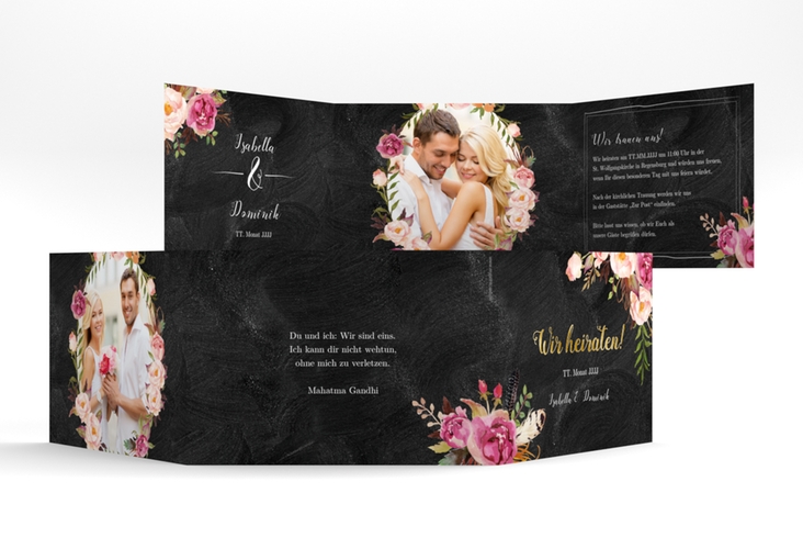 Hochzeitseinladung Flowers A6 Doppel-Klappkarte schwarz gold mit bunten Aquarell-Blumen