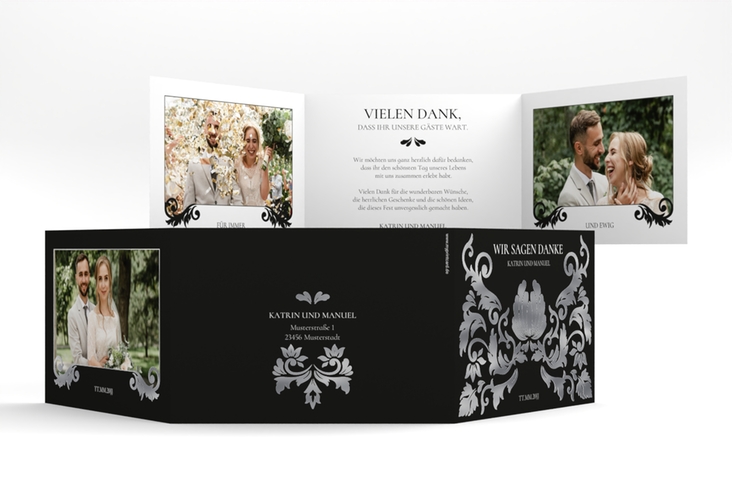Danksagungskarte Royal A6 Doppel-Klappkarte schwarz silber mit barockem Blumen-Ornament