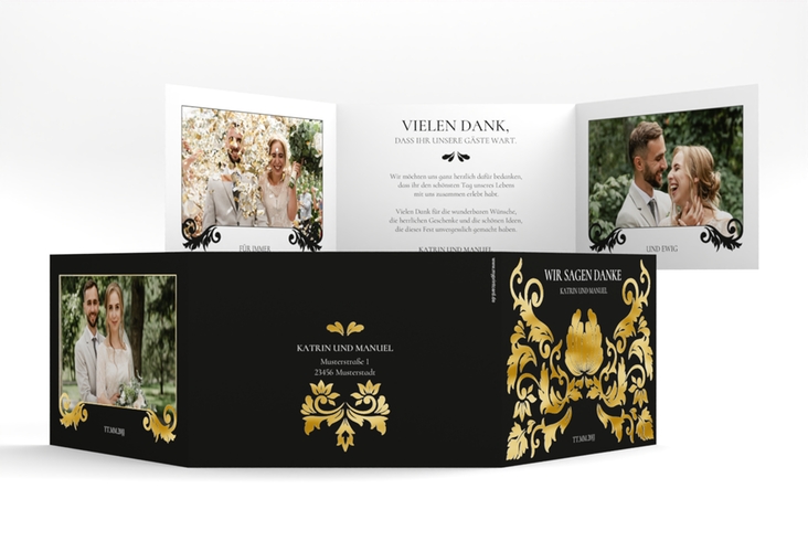 Danksagungskarte Royal A6 Doppel-Klappkarte schwarz gold mit barockem Blumen-Ornament