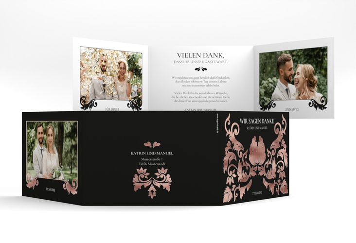 Danksagungskarte Royal A6 Doppel-Klappkarte schwarz rosegold mit barockem Blumen-Ornament