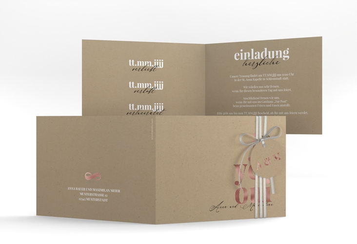 Hochzeitseinladung Oui A6 Klappkarte quer Kraftpapier rosegold mit Ja-Wort in verschiedenen Sprachen