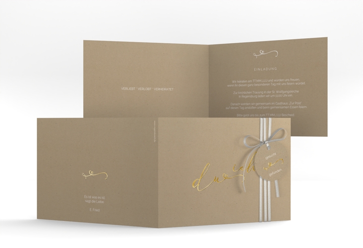 Hochzeitseinladung Zweisamkeit A6 Klappkarte quer Kraftpapier gold im minimalistischen Stil mit Aufschrift du & ich