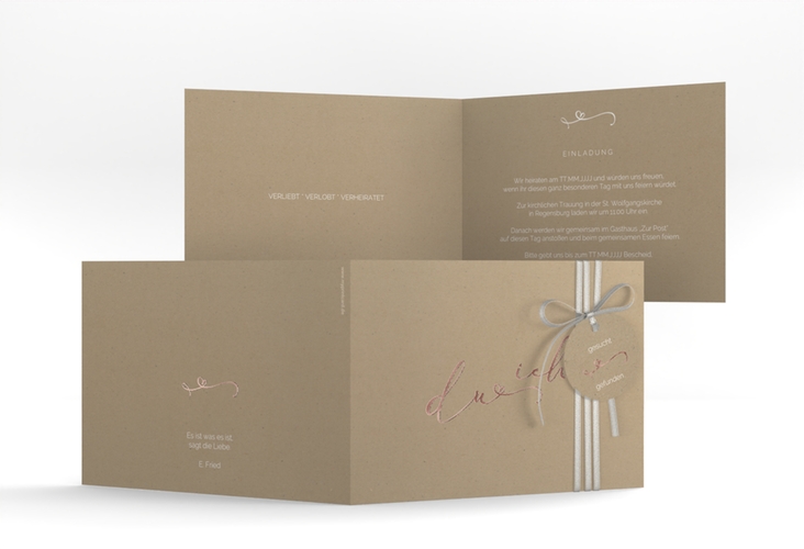 Hochzeitseinladung Zweisamkeit A6 Klappkarte quer Kraftpapier rosegold im minimalistischen Stil mit Aufschrift du & ich